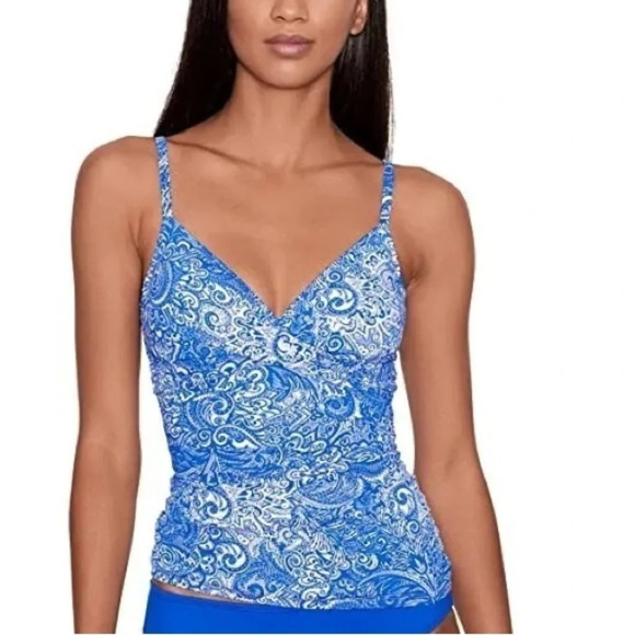 Ralph Lauren Women's Blue Artisanal Woodblock Surplice Camikini Swim Top Size14 - Picture 1 of 10